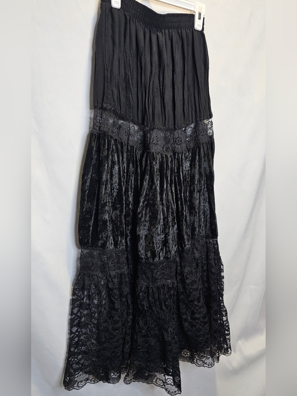 Vtg 90’s Judy Knapp Blk Crushed Velvet Lace Gypsie  Cottage‎goth Maxi Skirt
